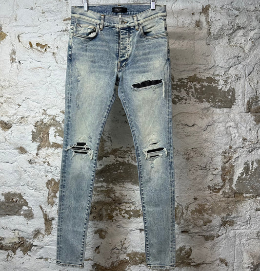 Amiri MX1 Black Leather Washed Blue Denim Jeans Sz 30