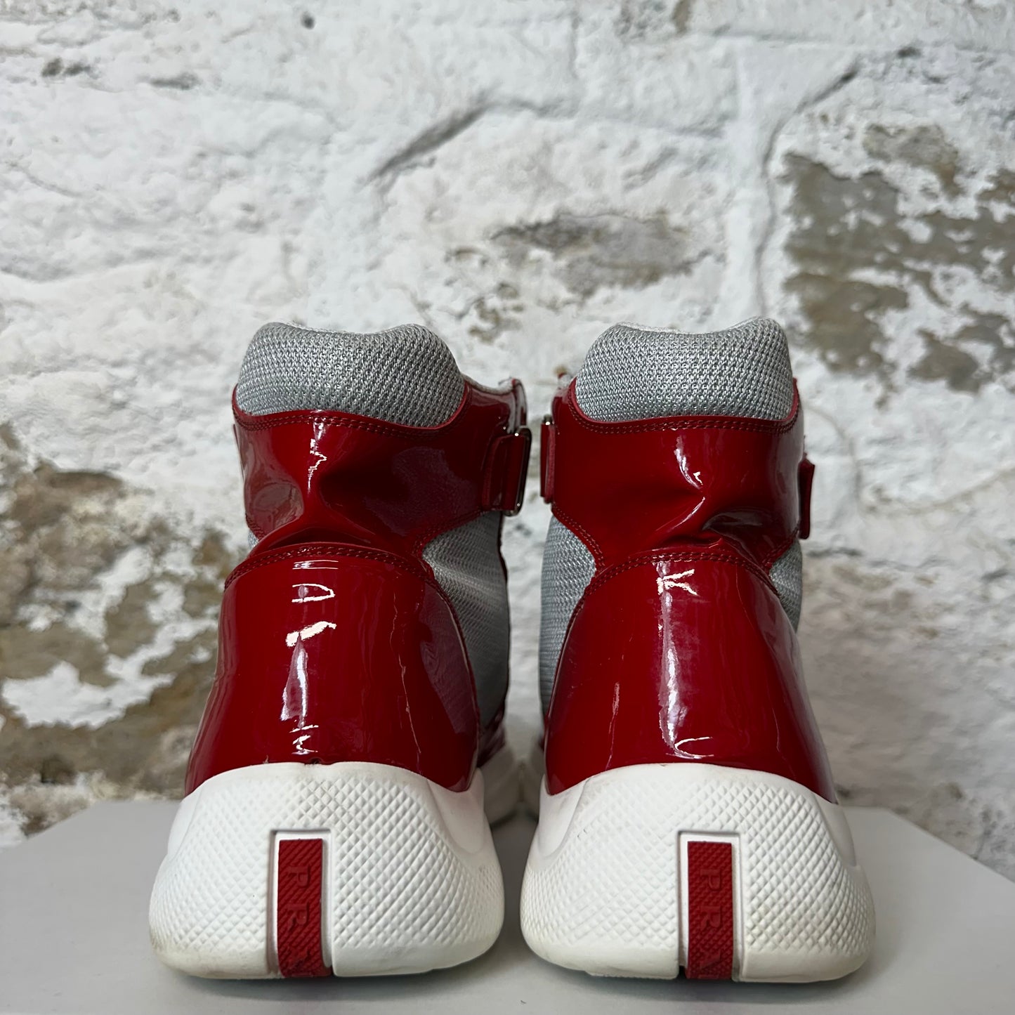 Prada Americas Cup High Red Patent Gray Sneaker Sz 8 No Box