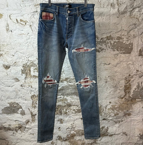 Amiri MX1 Red White Plaid Blue Denim Jeans Sz 30