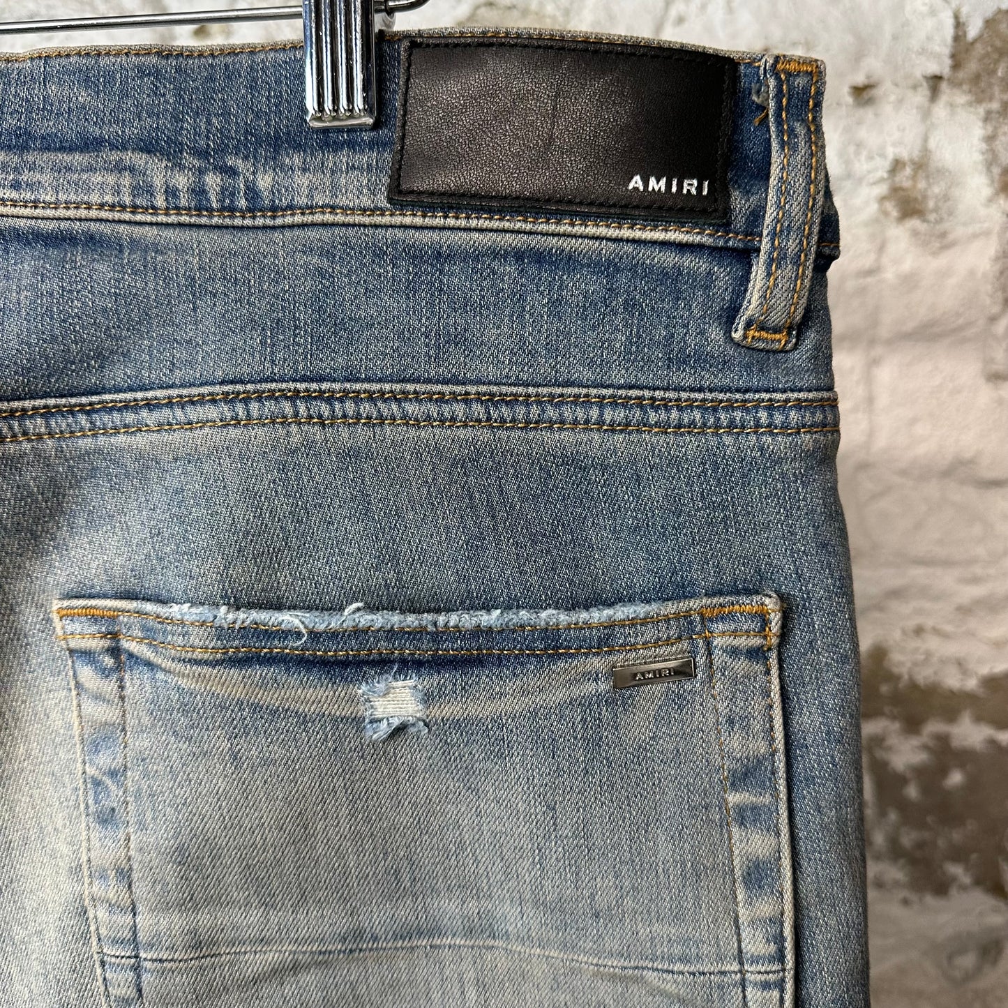 Amiri Distressed Side Spell Blue Denim Jeans Sz 36