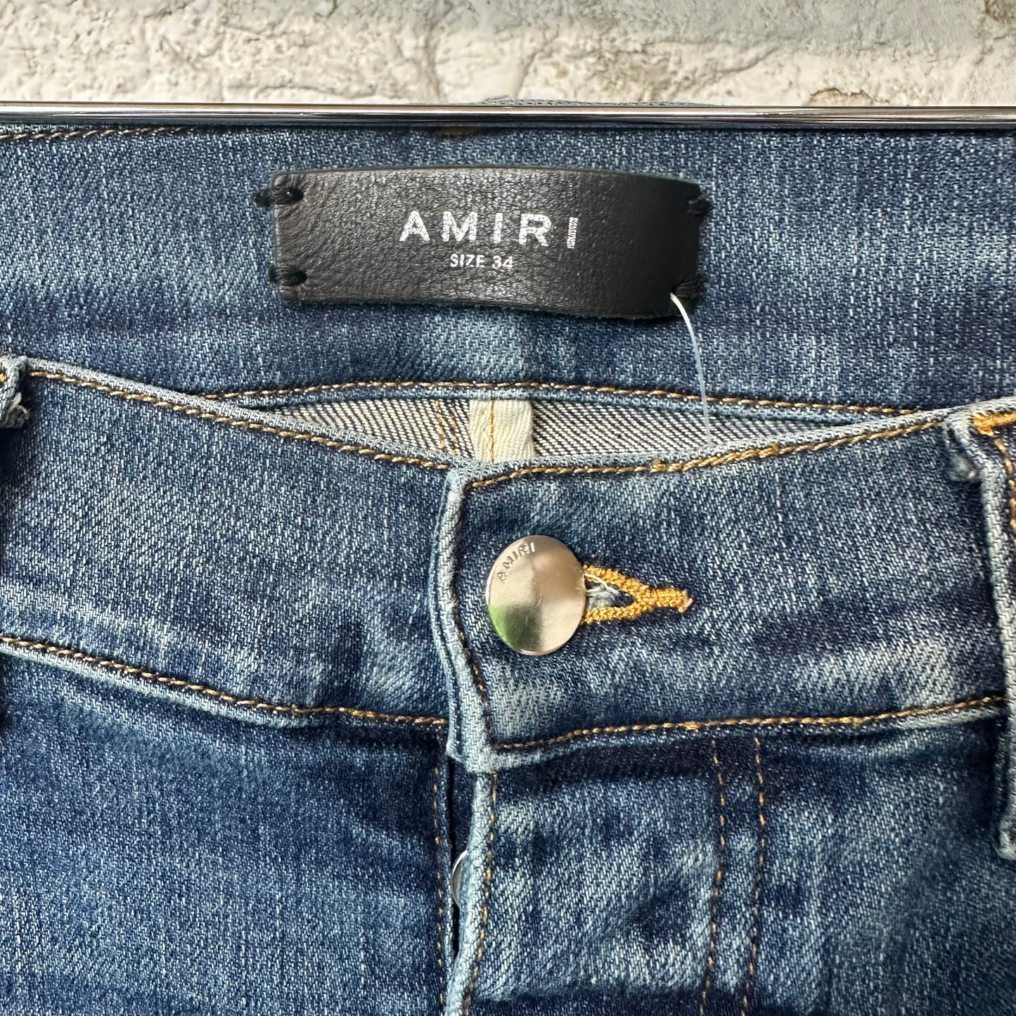 Amiri MX1 Orange Suede Dark Blue Denim Jeans Sz 34
