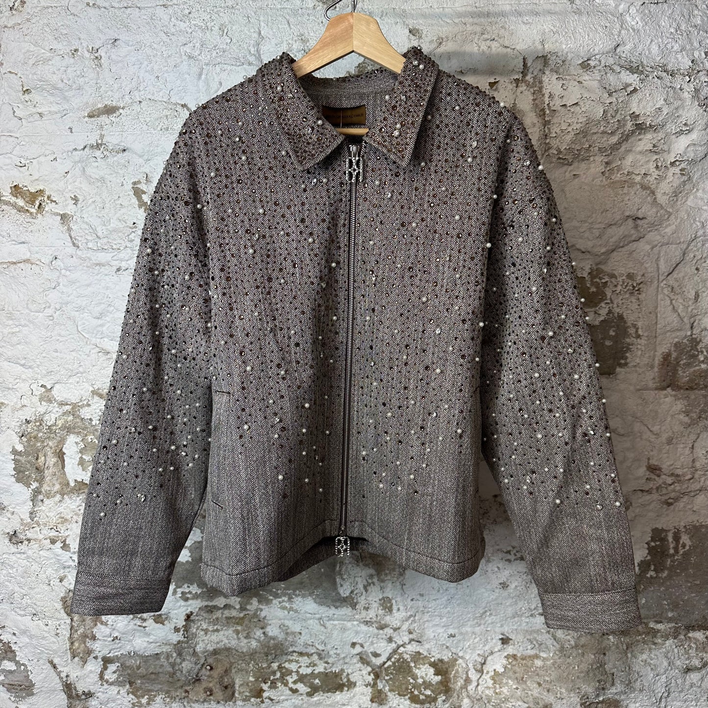 Birth Of Royal Child Rhinestone Zip Up Work Jacket Grey Sz L