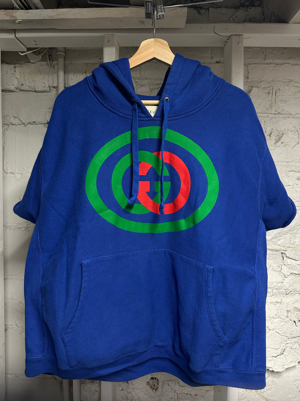 Gucci Cutoff Blue Chest Logo Hoodie Sz L