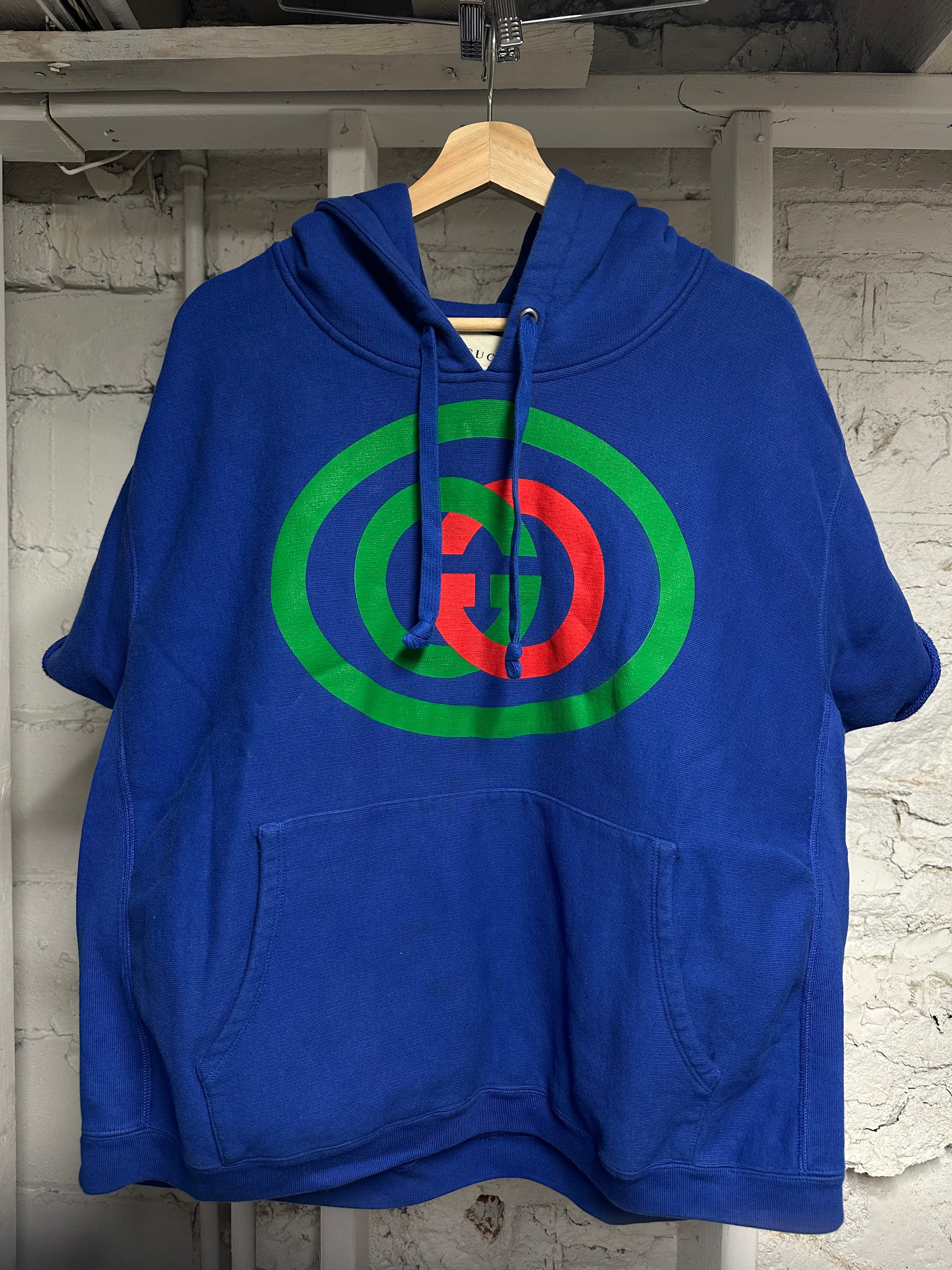 Gucci Cutoff Blue Chest Logo Hoodie Sz L