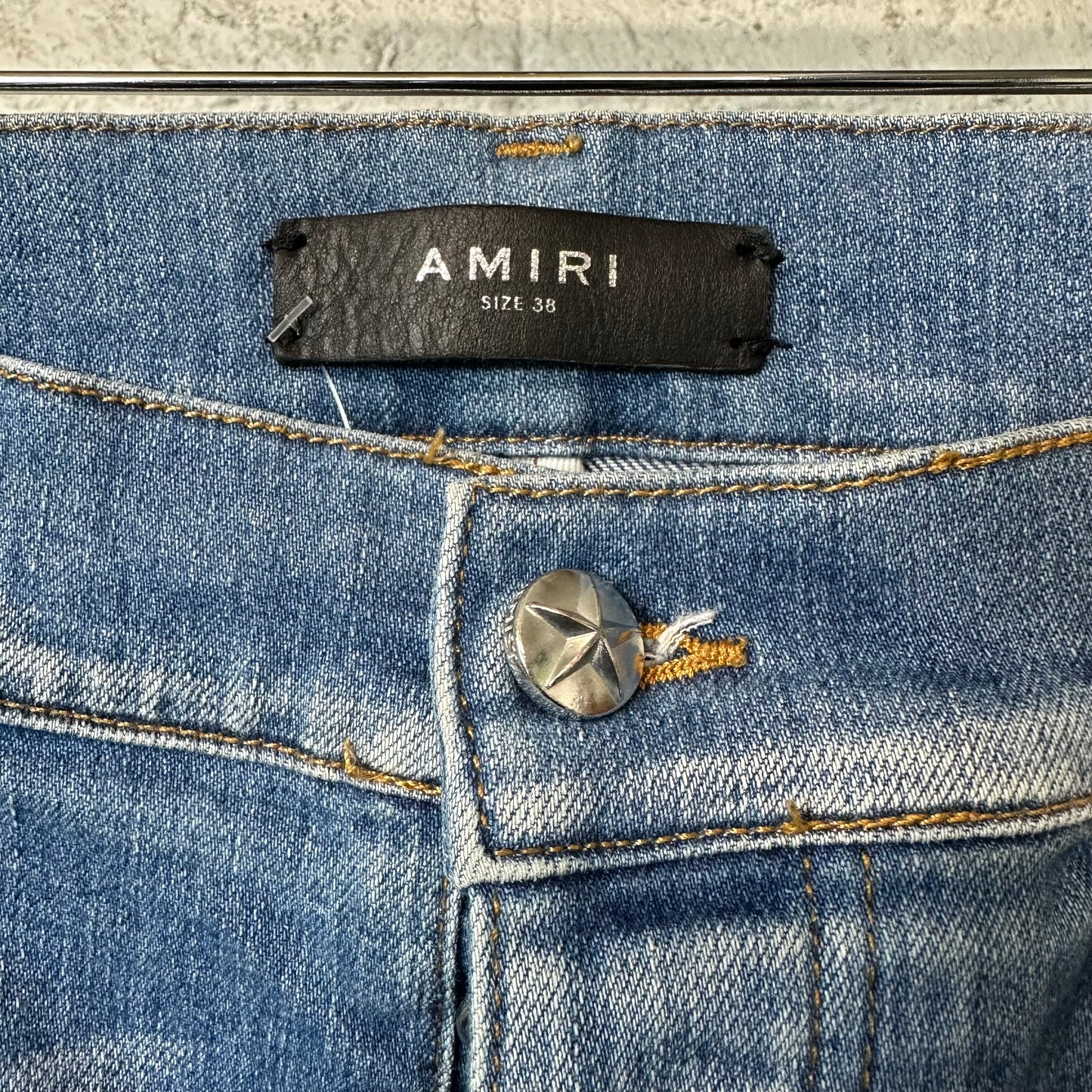 Amiri Black Leather Star Chemist Blue Denim Jeans Sz 38