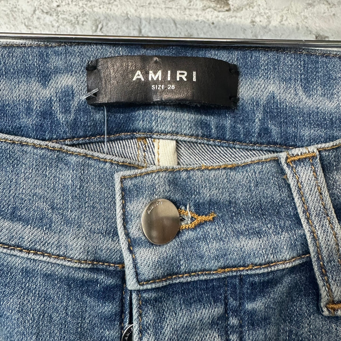 Amiri MX2 Brown Yellow Patch Blue Denim Jeans Sz 28