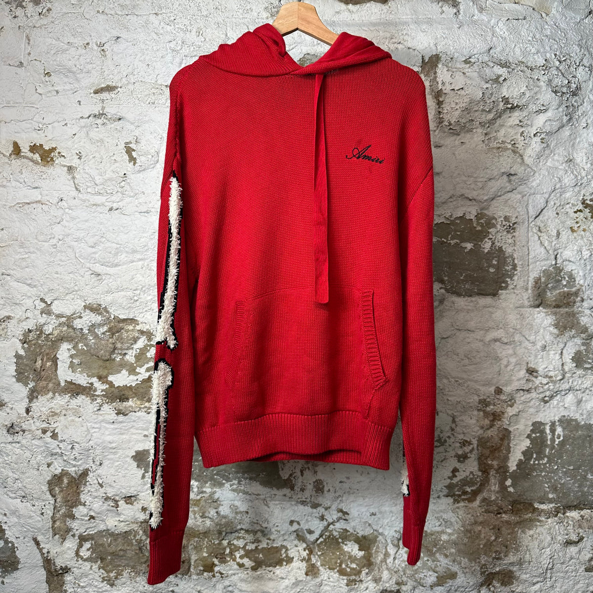 Amiri White Sleeve Bones Red Knit Hoodie Sz M