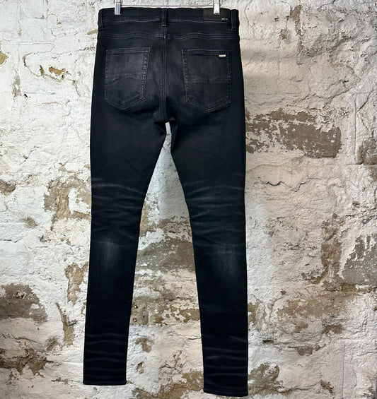 Amiri Knee Rip Paint Drip Spell Black Denim Jeans Sz 32