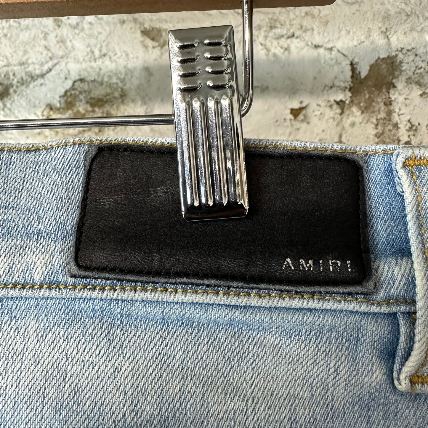Amiri MX1 Camo Patch Light Blue Denim Jeans Sz 32