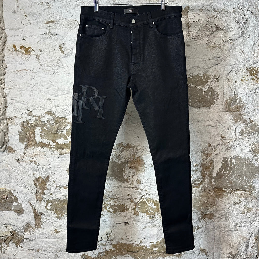 Amiri Leather Stagger Spell Waxed Black Denim Jeans Sz 34
