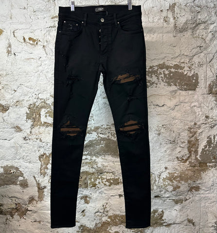 Amiri MX1 Brown Suede Black Denim Jeans Sz 32