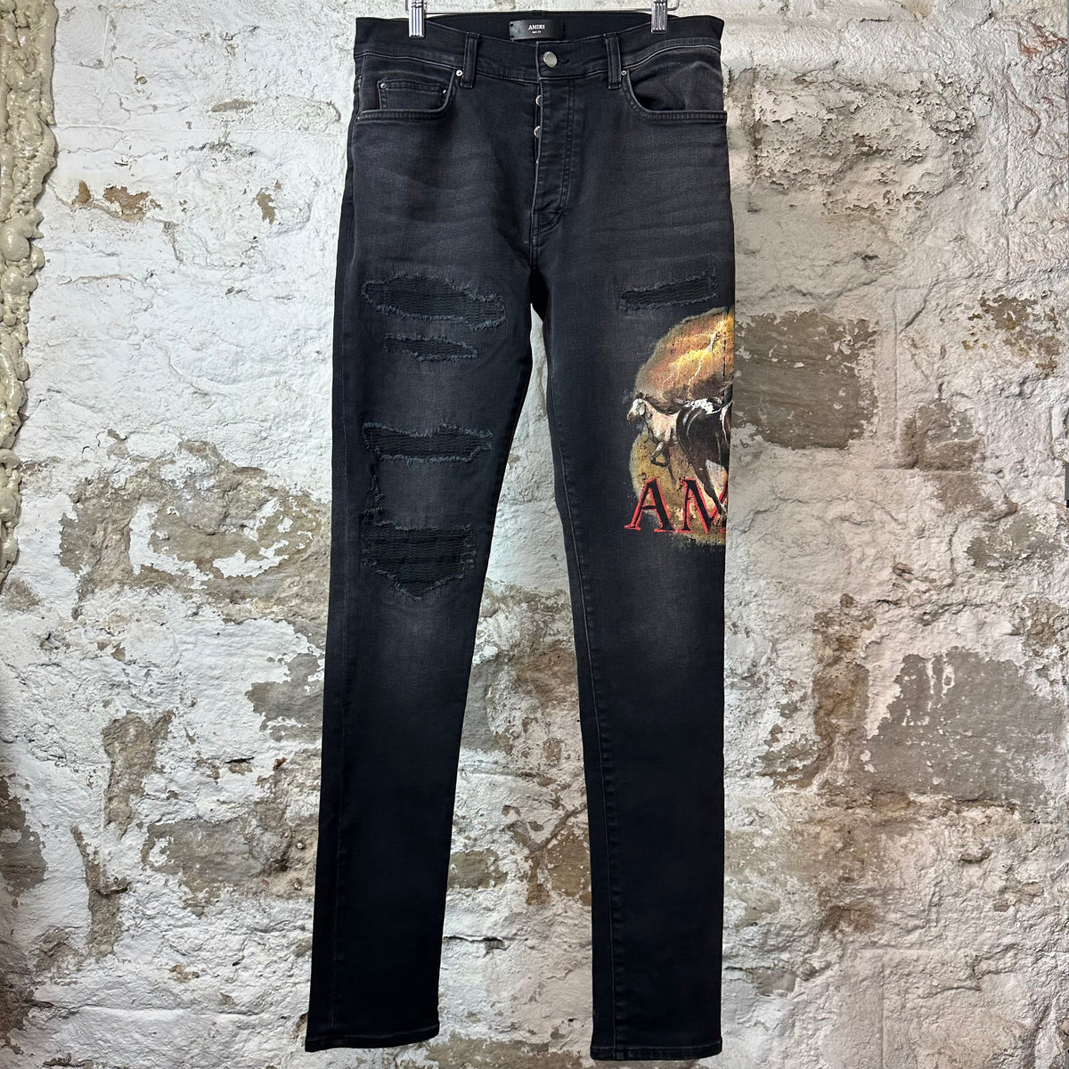 Amiri Horse Logo Distressed Black Denim Jeans Sz 33