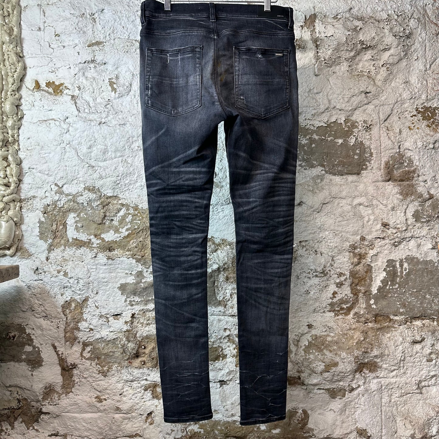 Amiri MX1 Black Leather Grey Denim Jeans Sz 31