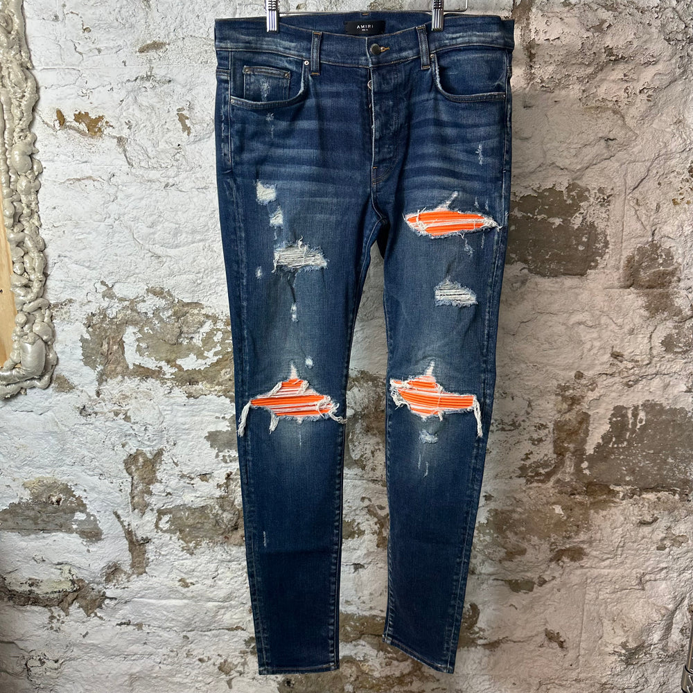 Amiri MX1 Orange Suede Dark Blue Denim Jeans Sz 36