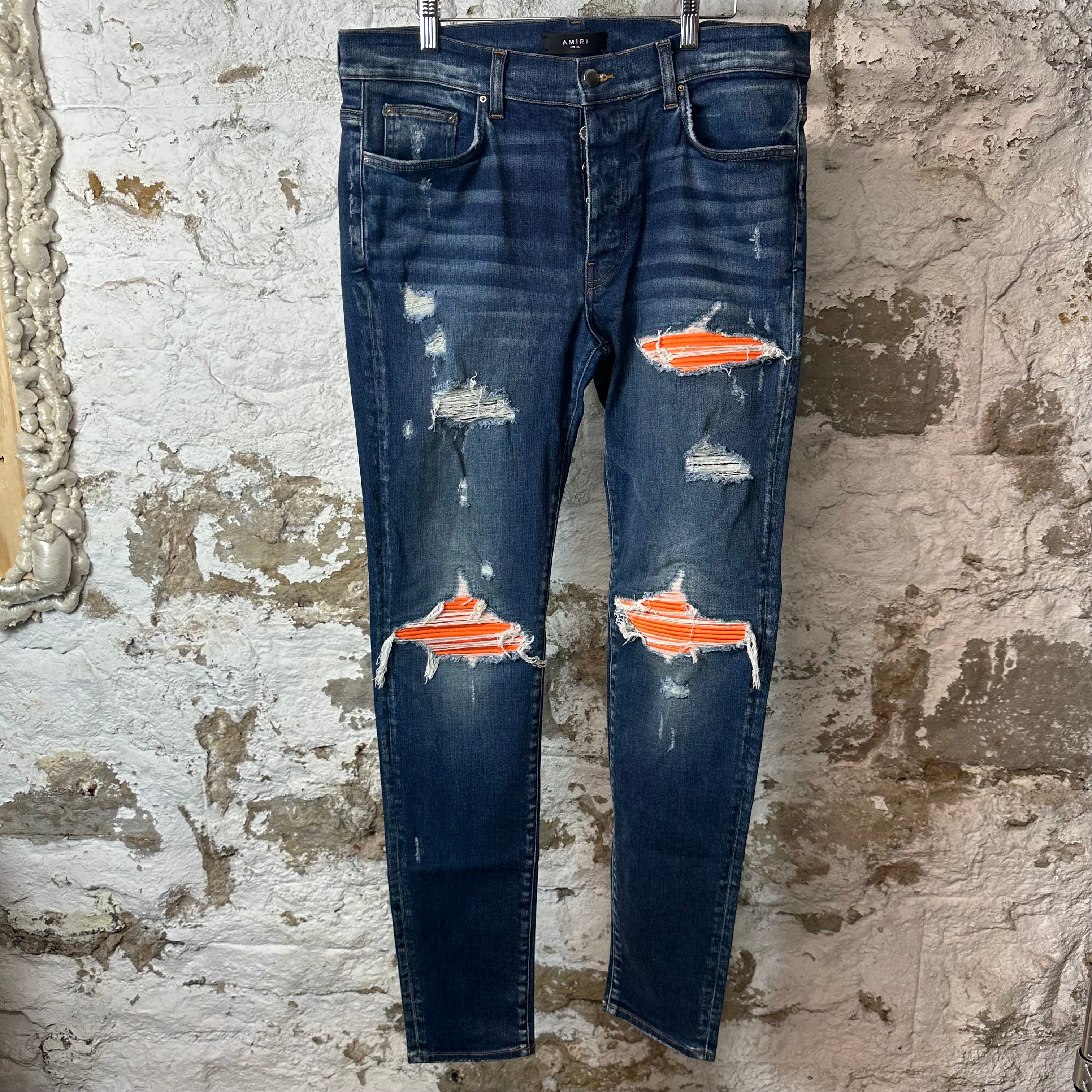 Amiri MX1 Orange Suede Dark Blue Denim Jeans Sz 36