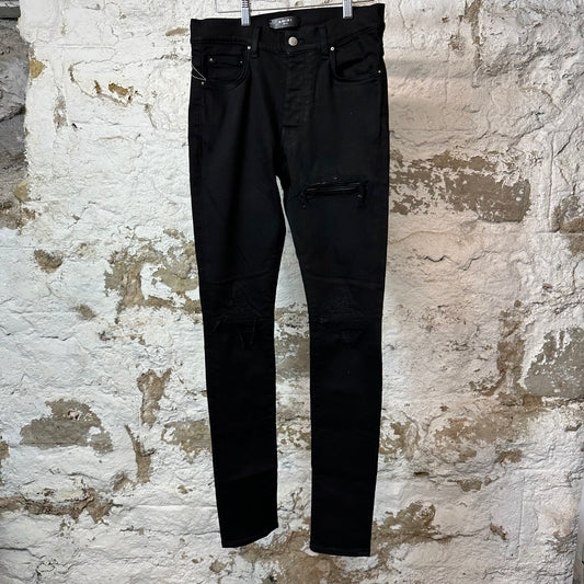 Amiri MX1 Black Leather Black Denim Jeans Sz 30