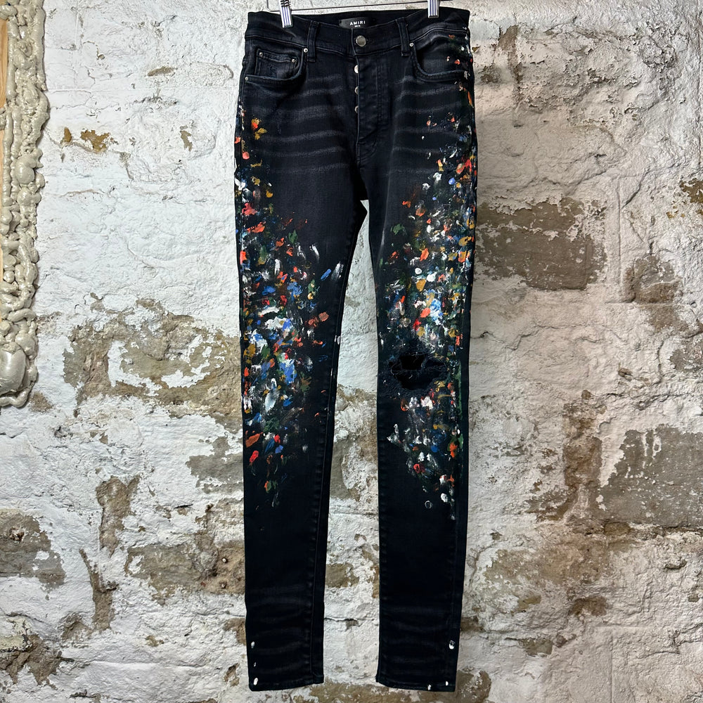 Amiri Multicolor Paint Splatter Black Denim Jeans Sz 30