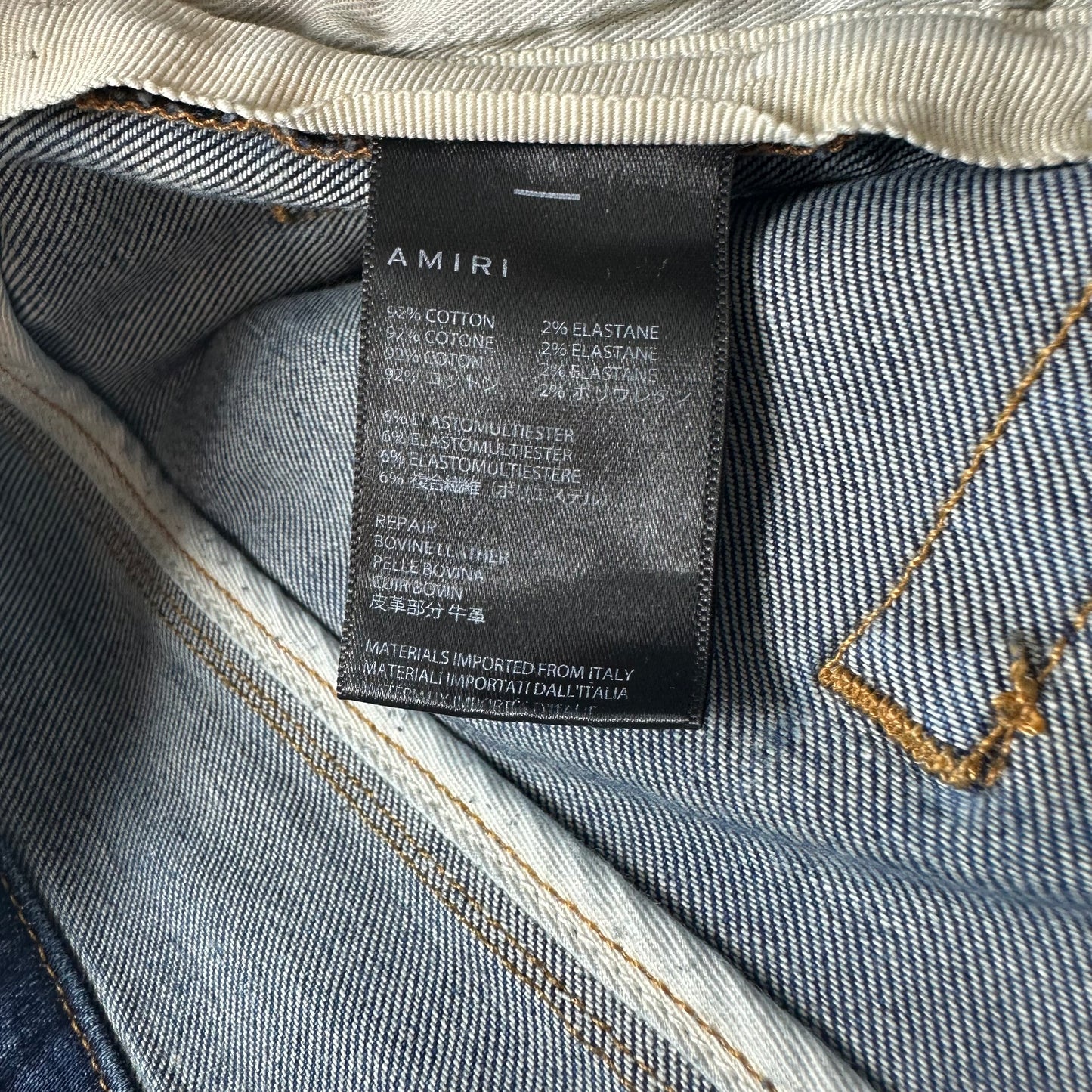 Amiri MX1 Black Leather Dark Blue Denim Jeans Sz 34