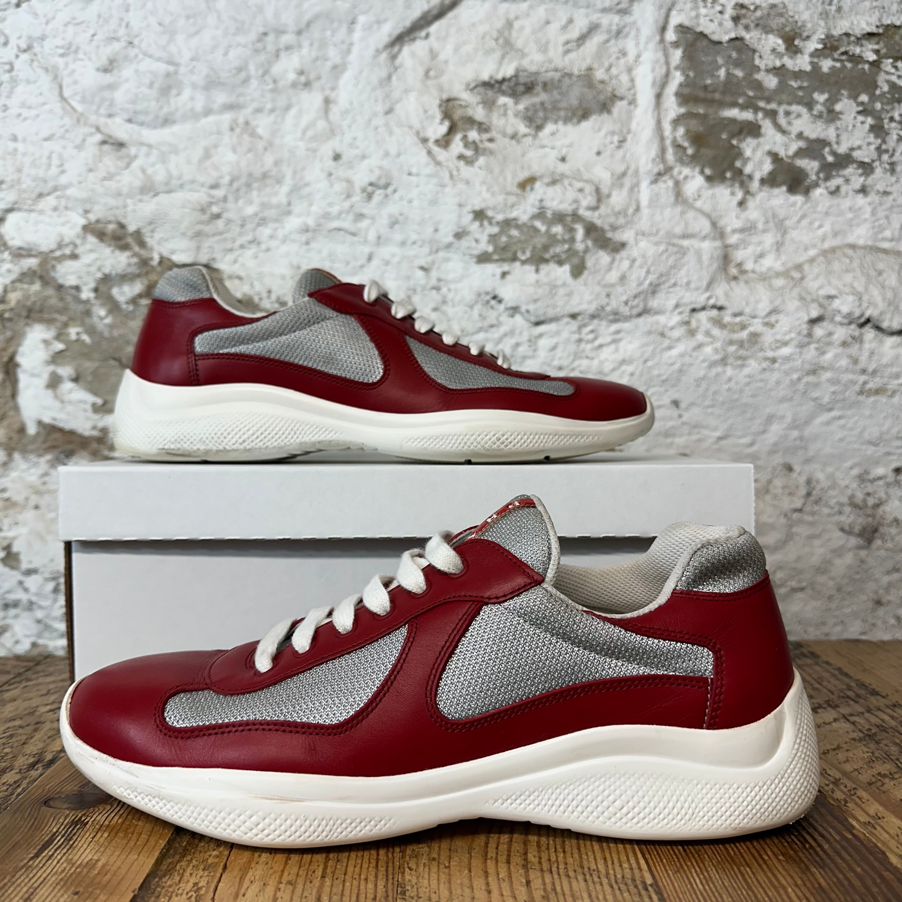Prada Americas Cup Red Leather Grey White Sneaker Sz 9