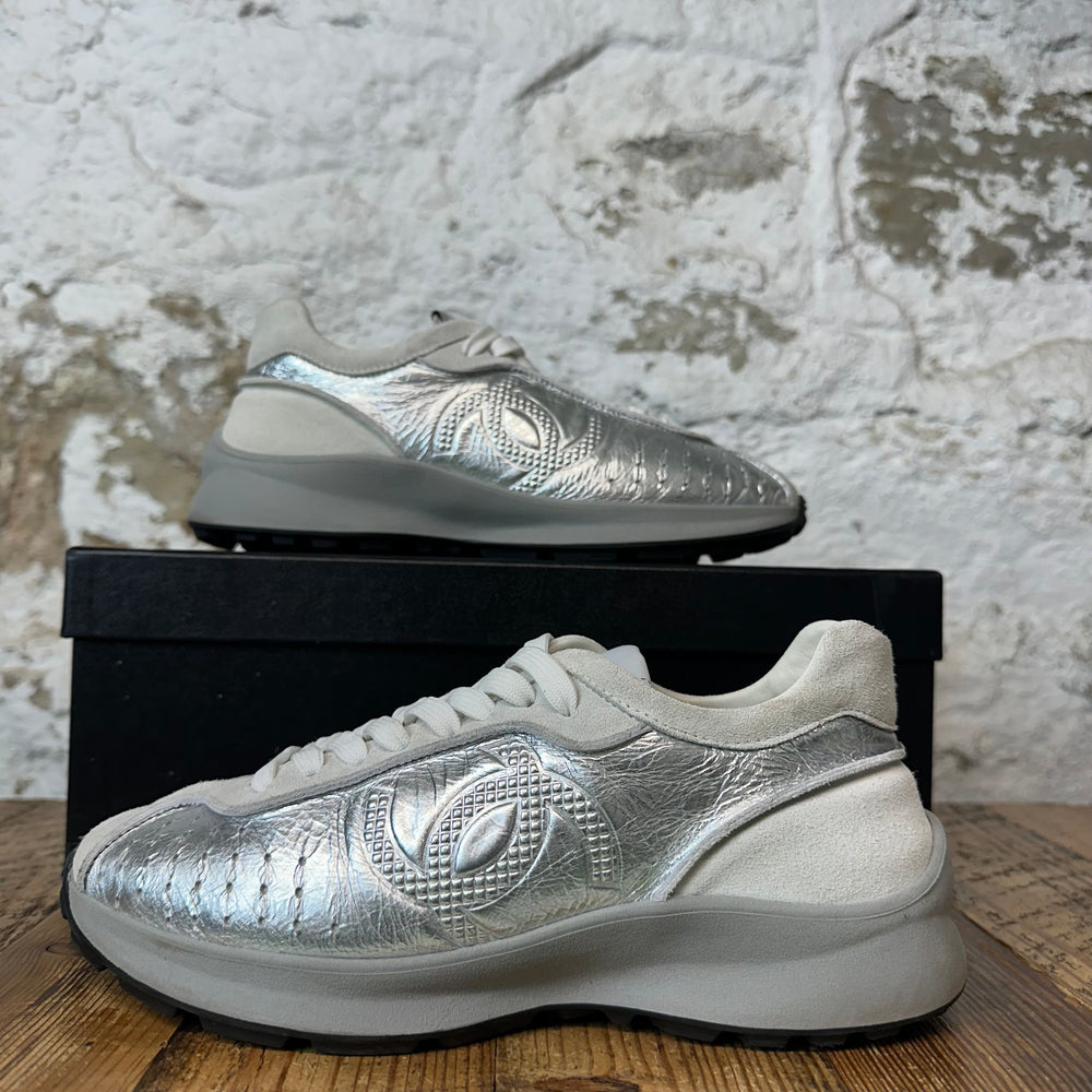 Chanel Silver CC Laminated Suede Trainer Sneaker Sz 6 (38.5)