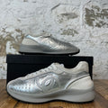Chanel Silver CC Laminated Suede Trainer Sneaker Sz 6 (38.5)