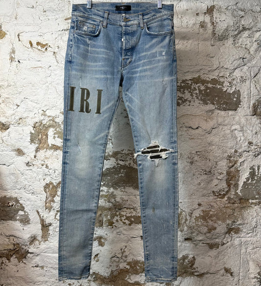 Amiri MX1 Camo Spell Blue Denim Jeans Sz 31