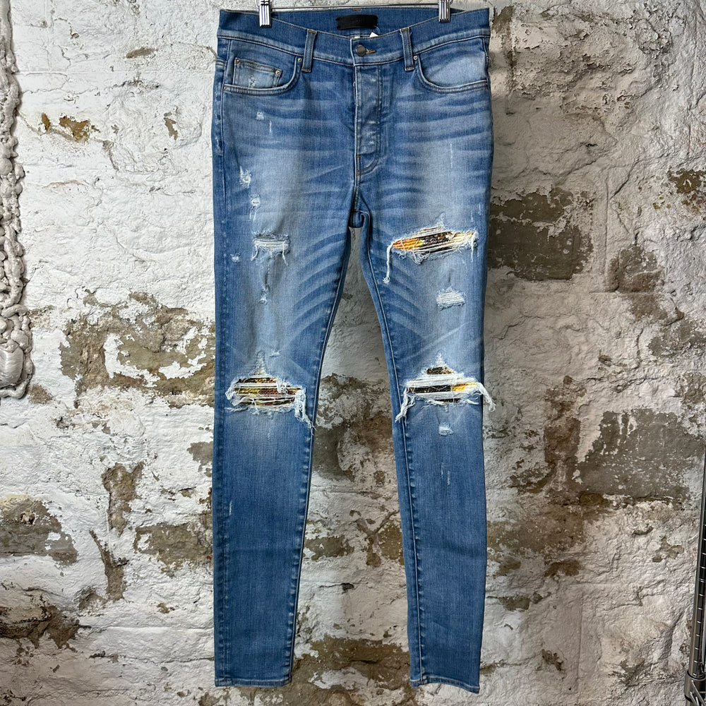 Amiri MX1 Aloha Patch Blue Denim Jeans Sz 32