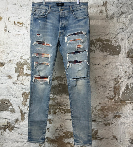 Amiri MX1 Multicolor Flannel Blue Denim Jeans Sz 34