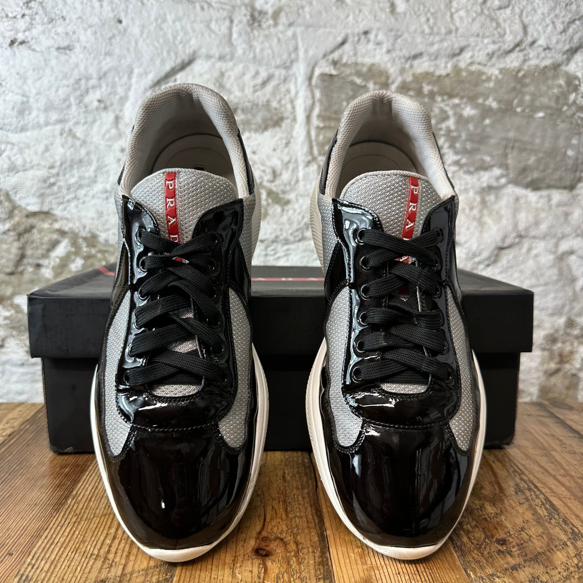 Prada Americas Cup Black Patent Grey White Sneaker Sz 10.5
