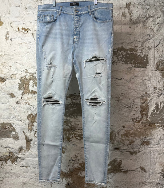 Amiri MX1 Camo Patch Light Blue Denim Jeans Sz 40