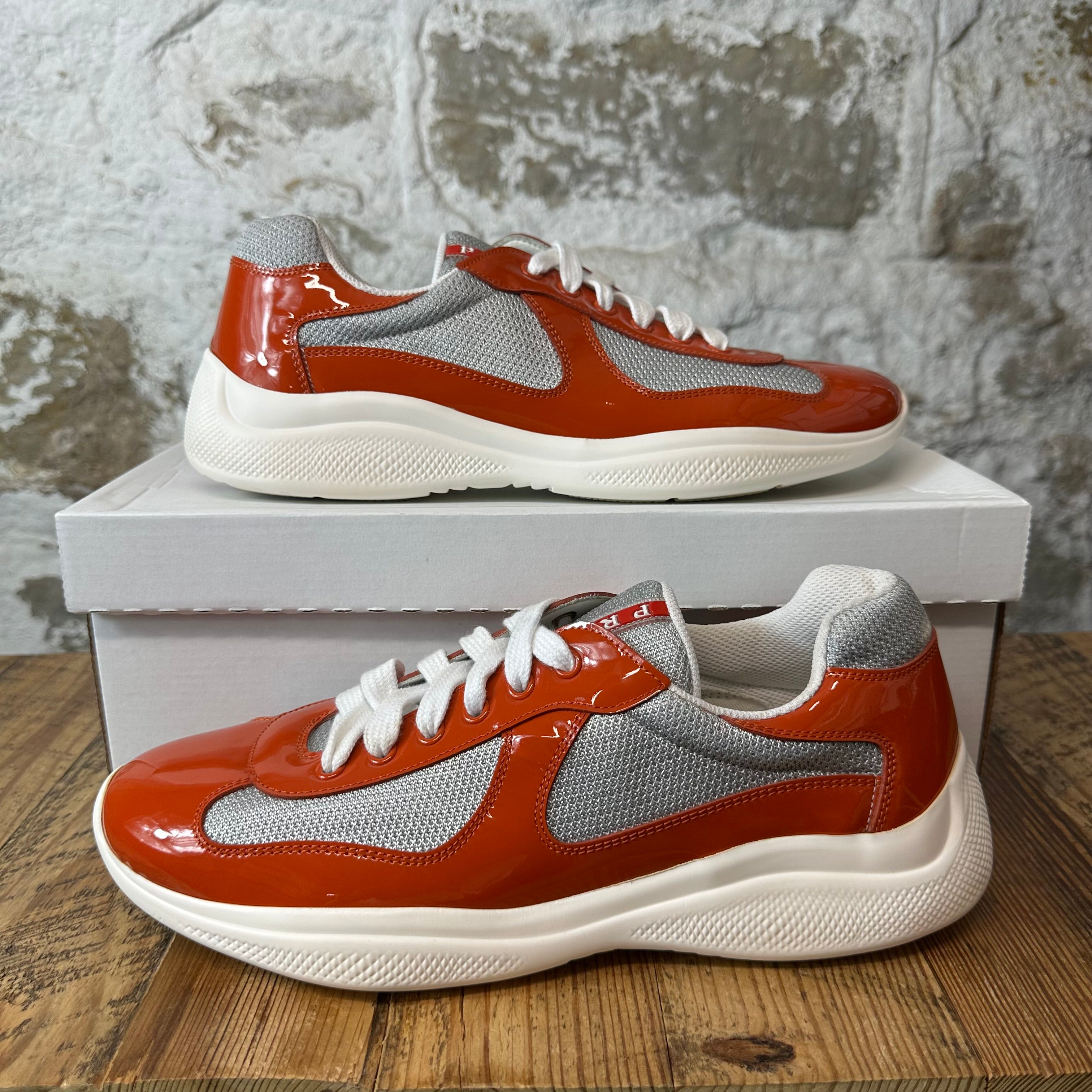 Prada Americas Cup Orange Patent Grey Sneaker Sz 8.5