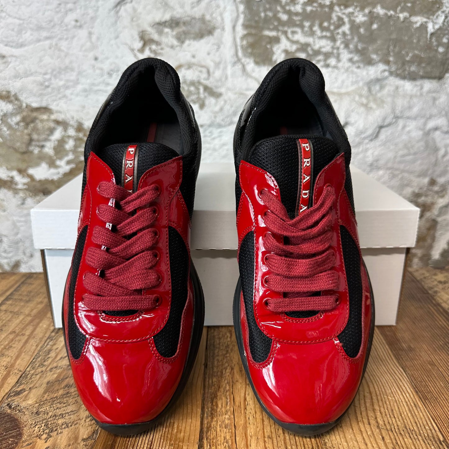 Prada Americas Cup Red Patent Black Sneaker Sz 7.5