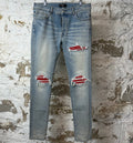 Amiri MX1 Red Suede Blue Denim Jeans Sz 34