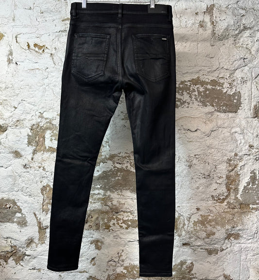 Amiri MX1 Black Leather Black Waxed Denim Jeans Sz 34