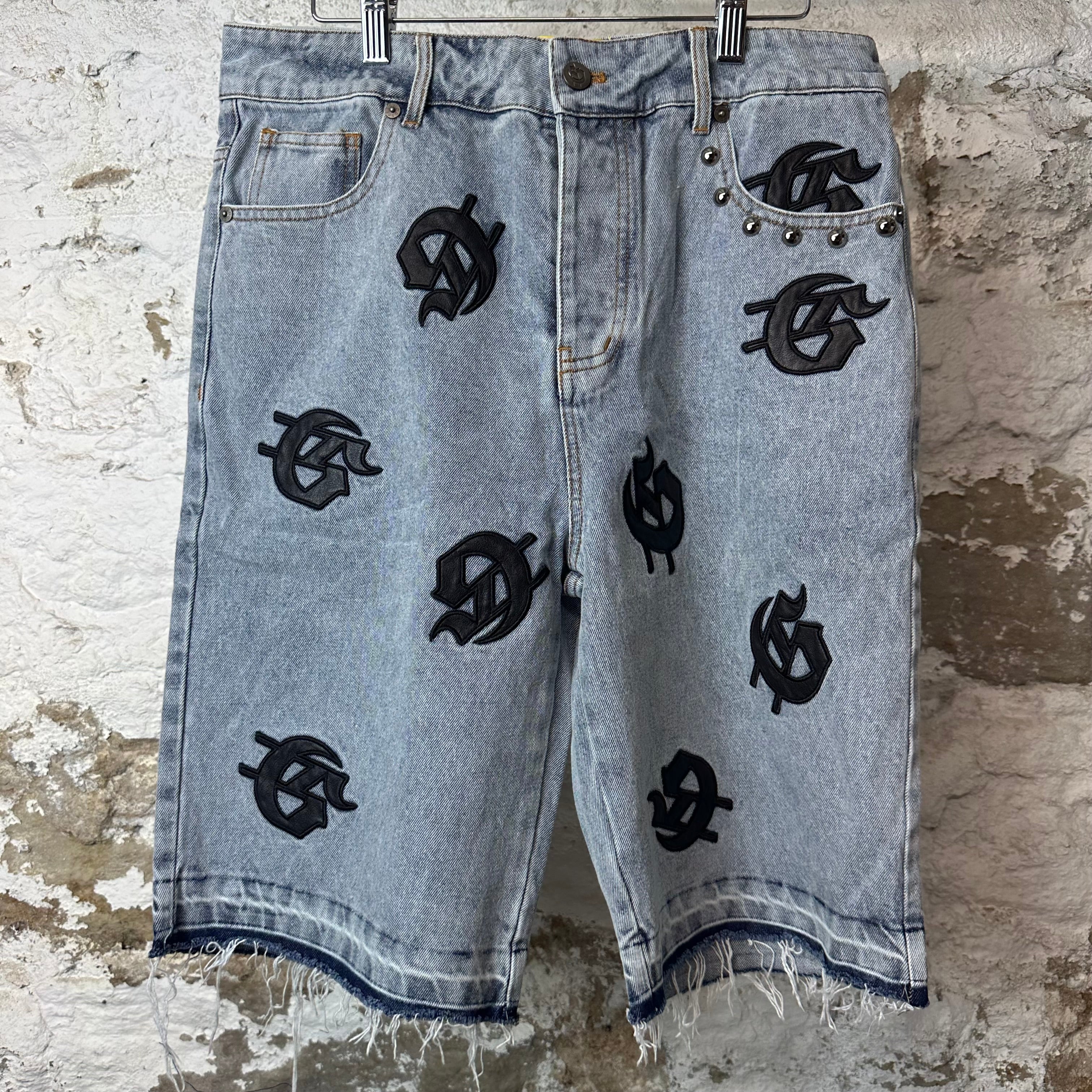 Godspeed Black Leather Patch Blue Jean Shorts Sz 32 DS