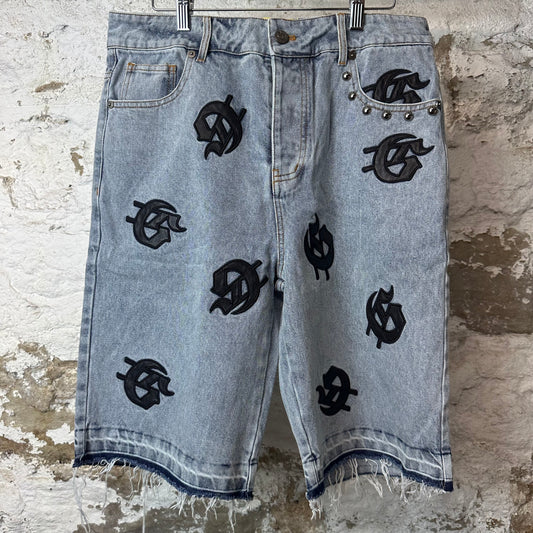 Godspeed Black Leather Patch Blue Jean Shorts Sz 32 DS
