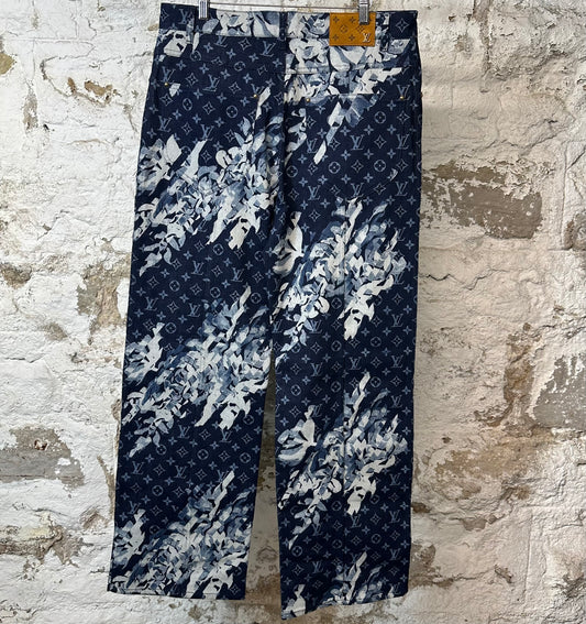 Louis Vuitton Blue Floral Monogram Blue Denim Jeans Sz 34 DS