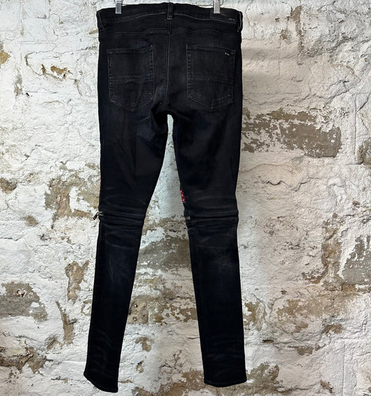 Amiri MX2 Pink Red Patch Black Denim Jeans Sz 32