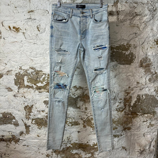 Amiri MX1 Multicolor Patch Light Blue Denim Jeans Sz 30
