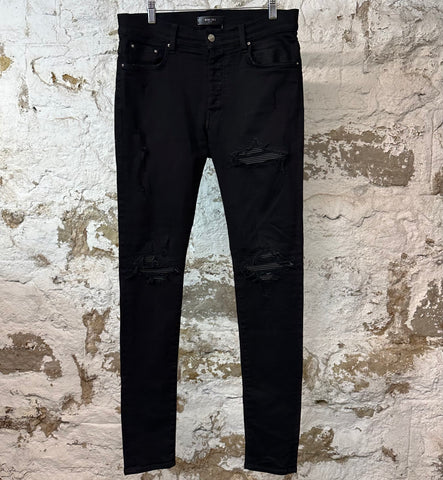 Amiri MX1 Black Leather Black Denim Jeans Sz 32