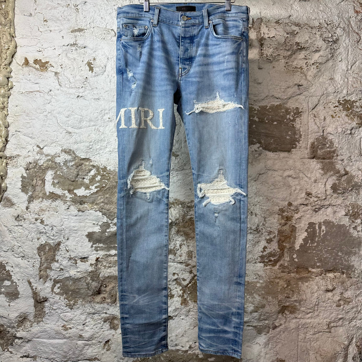 Amiri MX1 Cream Woven Core Logo Blue Denim Jeans Sz 33