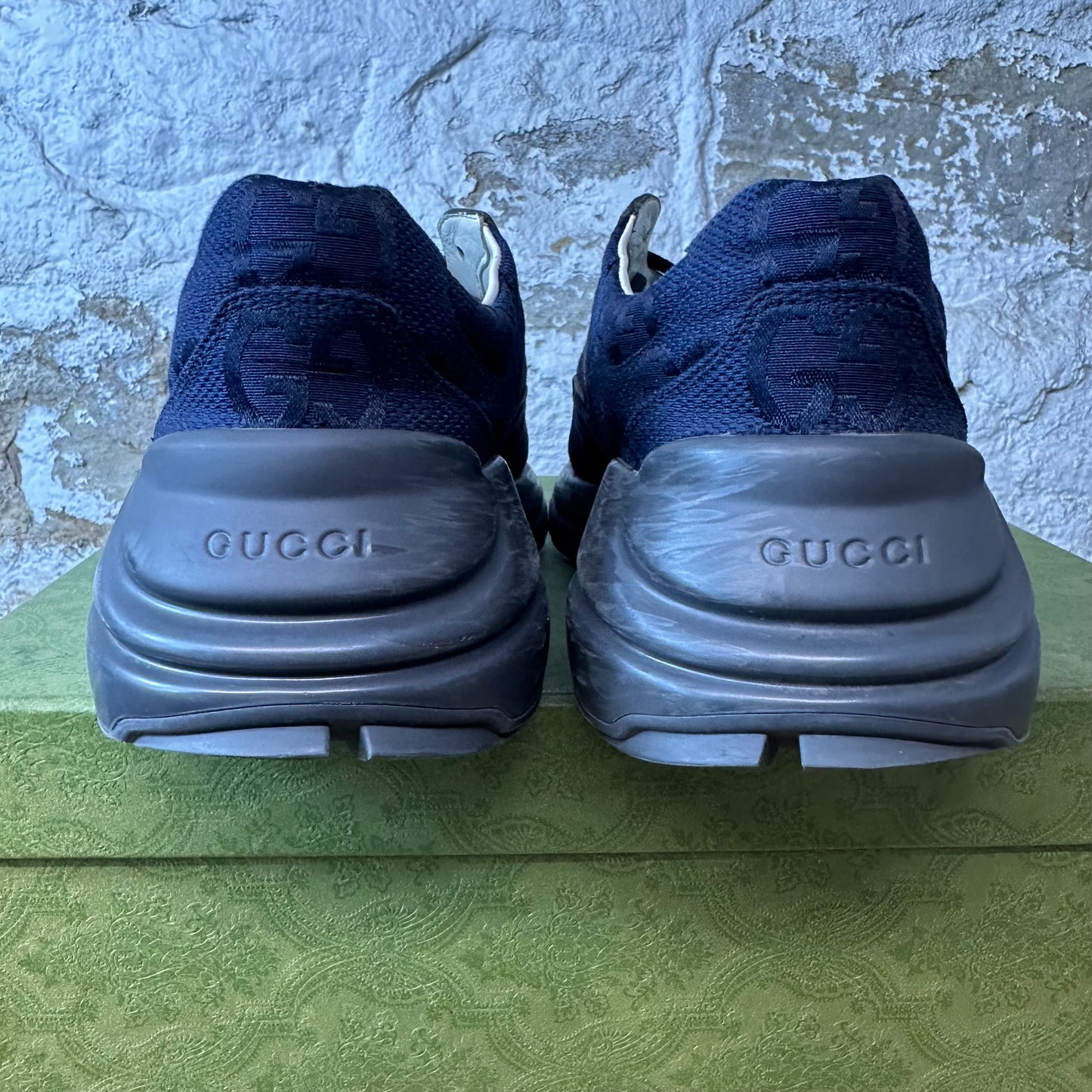 Gucci Rhyton Navy GG Monogram Grey Sneaker Sz 7.5