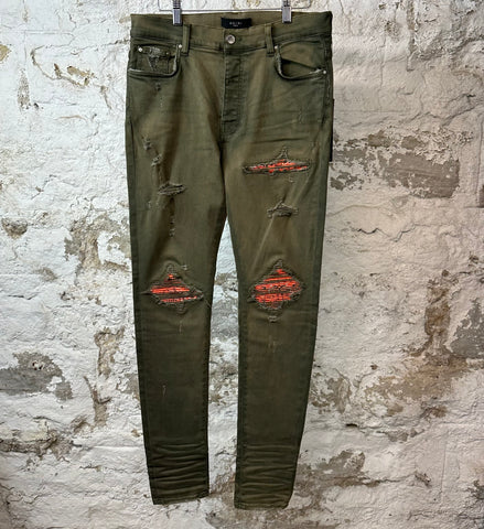 Amiri MX1 Orange Paisley Green Denim Jeans Sz 34