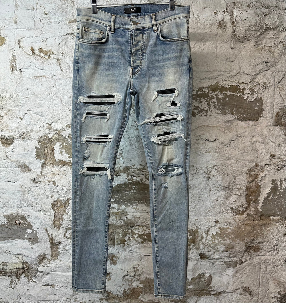 Amiri MX1 Black Leather Thrasher Washed Blue Denim Jeans Sz 33