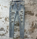 Amiri MX1 Black Leather Thrasher Washed Blue Denim Jeans Sz 33