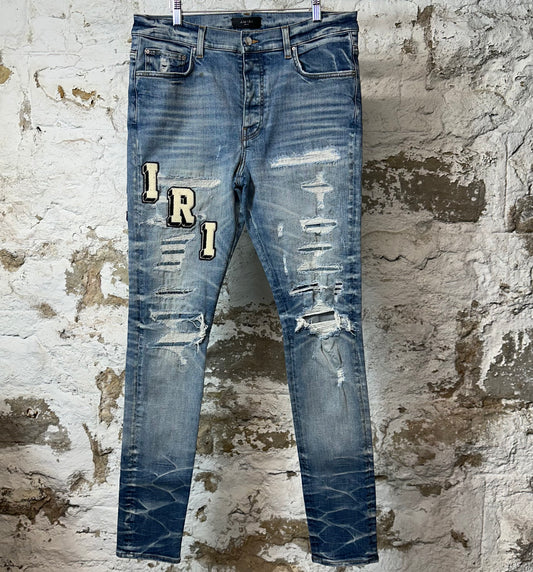 Amiri Varsity Distressed Blue Denim Jeans Sz 36