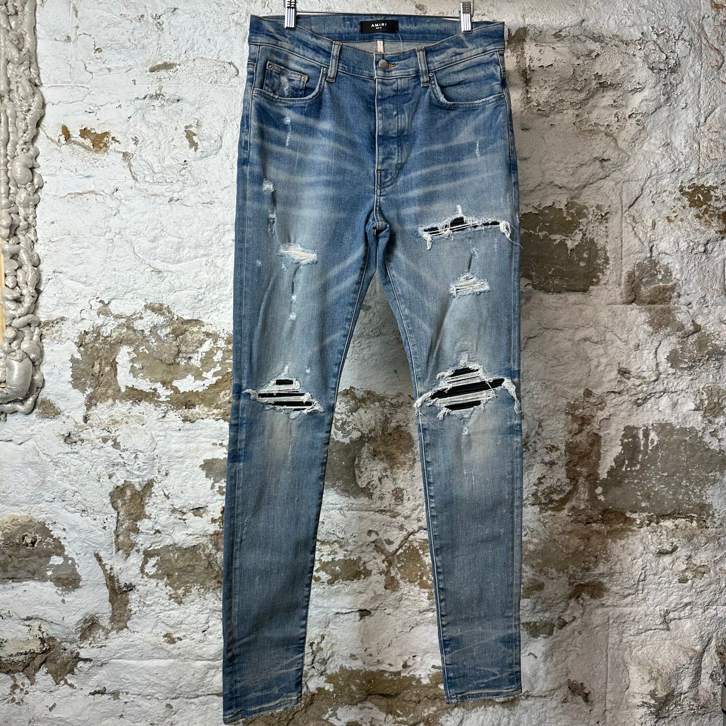 Amiri MX1 Black Leather Blue Denim Jeans Sz 34