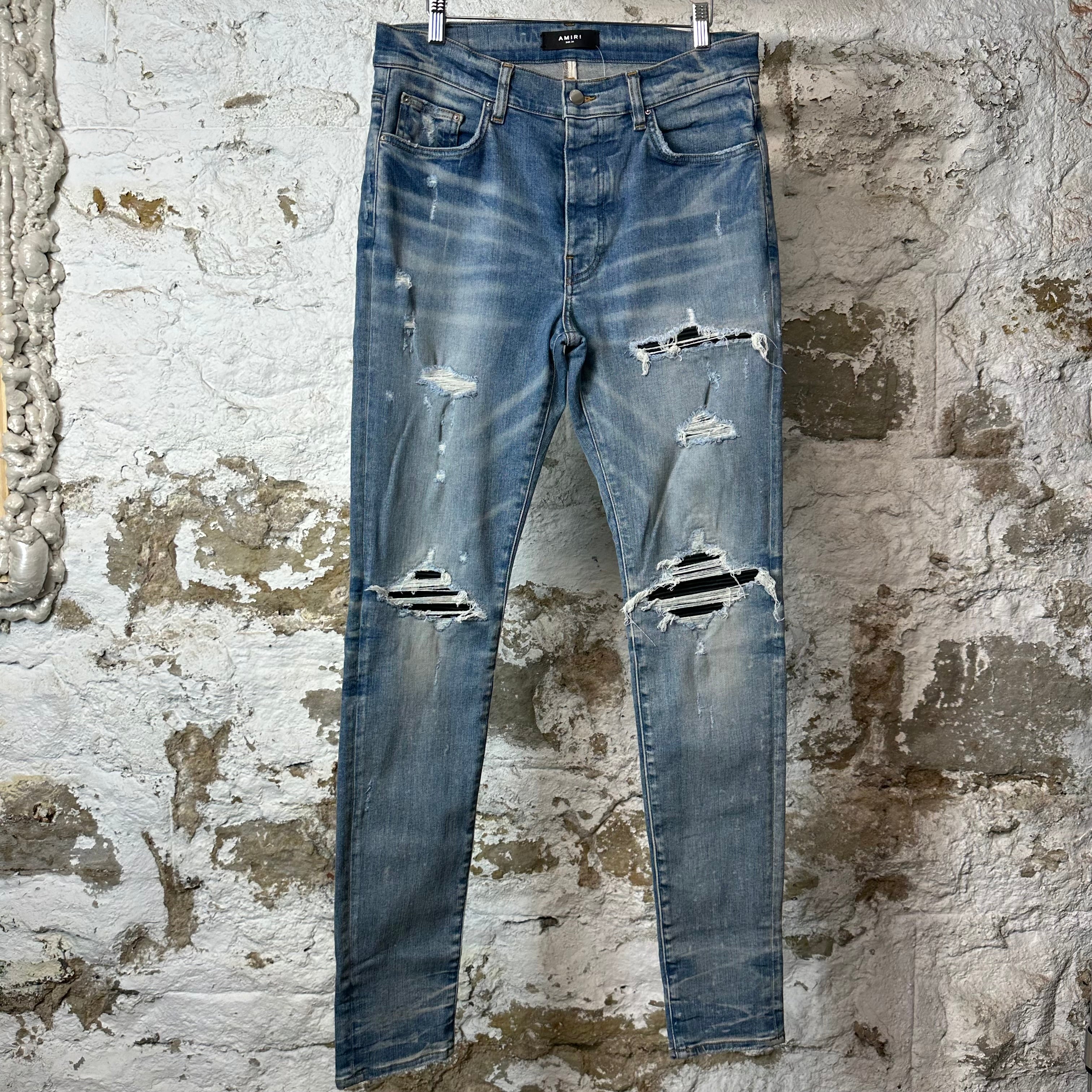 Amiri MX1 Black Leather Blue Denim Jeans Sz 34