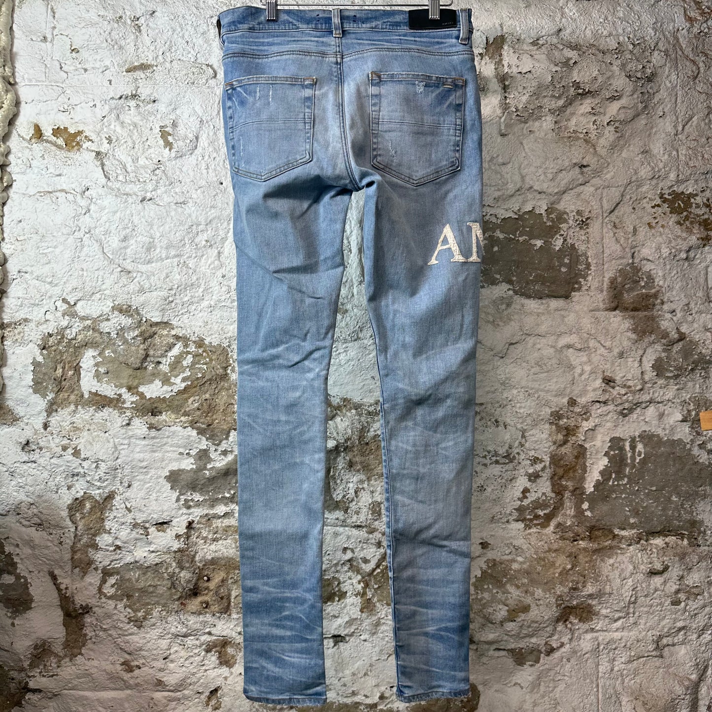 Amiri MX1 Cream Woven Core Logo Blue Denim Jeans Sz 30