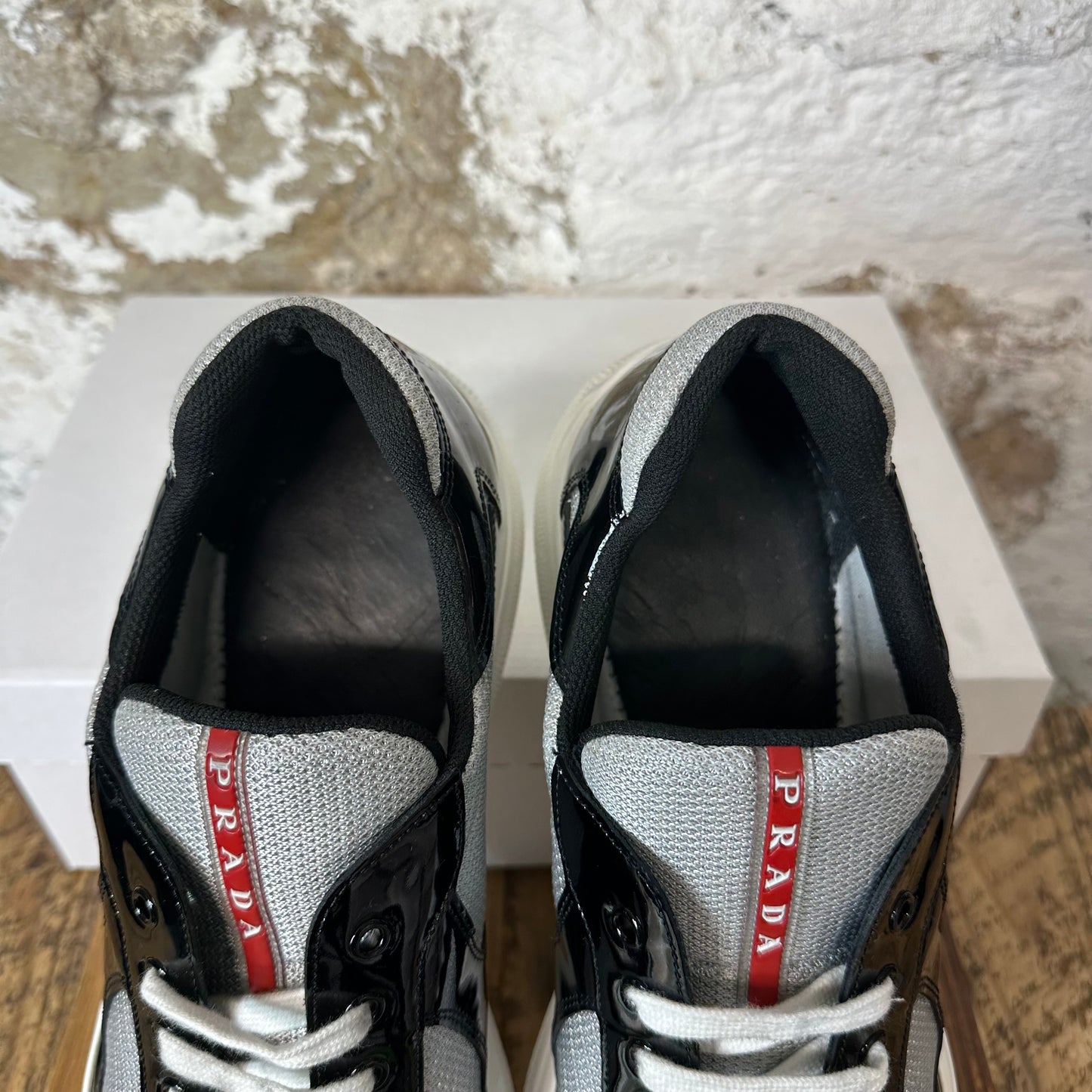 Prada Americas Cup Black Patent Gray White Sneaker Sz 13